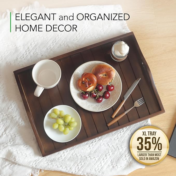 Large Acacia Wooden Serving Tray with Handles 20 x 14 inch Decorative Coffee Table Ottoman Tray for Living Room Extra Large for Kitchen Dinner Food Bar Breakfast in Bed (Dark Brown)