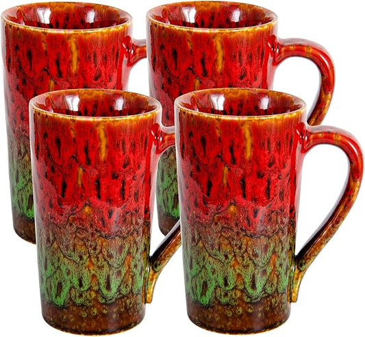 20oz Porcelain Coffee Mugs Set of 4, Large Tall Coffee Mugs with Handles, Modern Ceramic Coffee Cups for Tea, Cocoa, Milk, Gifts for Women Men - Red & Green