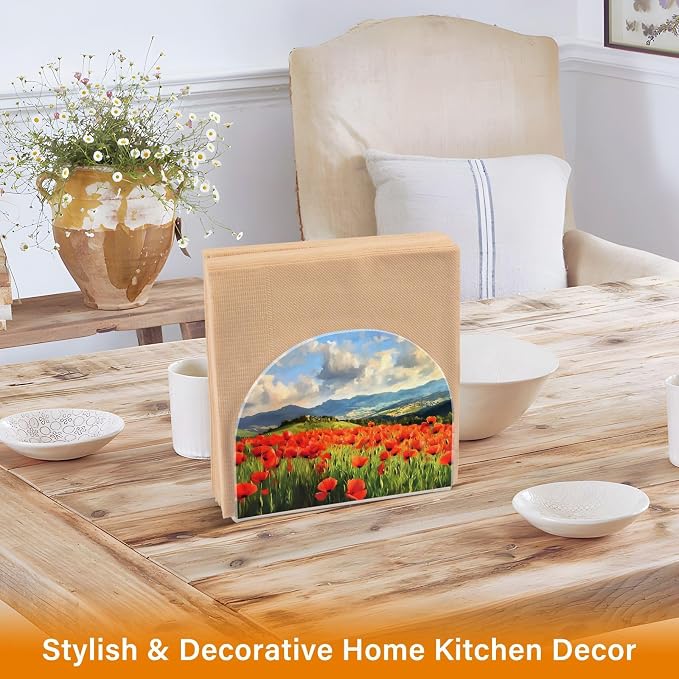 Oil Painting Poppy Flower Field Red and Green Napkin Holder for Table Acrylic Vertical Napkin Holders for Paper Napkins Decor Napkin Dispenser for Home Dining Cocktail Kitchen Accessories, 2 Pack