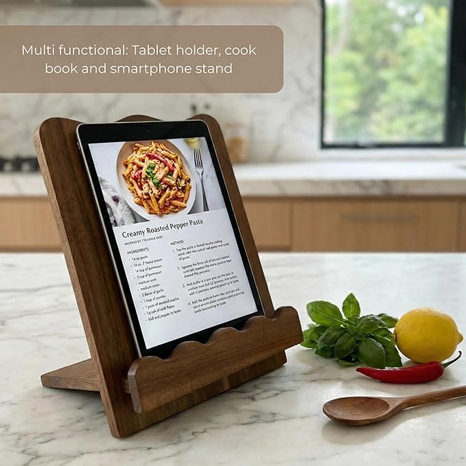Beautiful Wooden Cookbook Stand for Your Kitchen Counter – Solid Wood Scalloped Book Holder Keeps Cookbooks & Tablets Open, Stable 2-Piece Slot Design, Easy-Clean, Perfect for Everyday Cooking