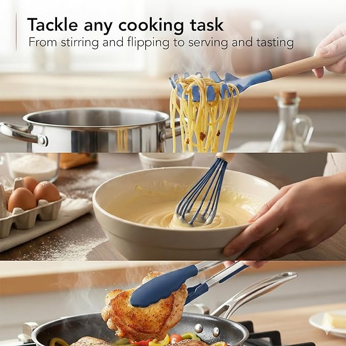 OVENTE Silicone Cooking Utensils Set, 17pcs Heat Resistant Kitchen Tools and Gadgets for Nonstick Cookware, BPA Free Spatula Set with Wooden Handle, Cup Holder, Oven Gloves and Hot Pads, Blue SPS17BL