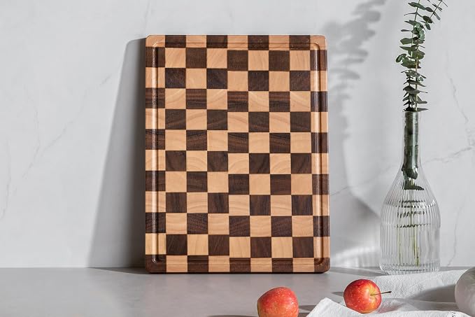THETCHRY Cutting Boards for Kitchen, Checkered Cutting Board End Grain, Acacia Wooden Chopping Board with Juice Groove & Handle, Serving Tray for Meat, Bread & Fruit, 14"L x 11"W x 0.8"Th