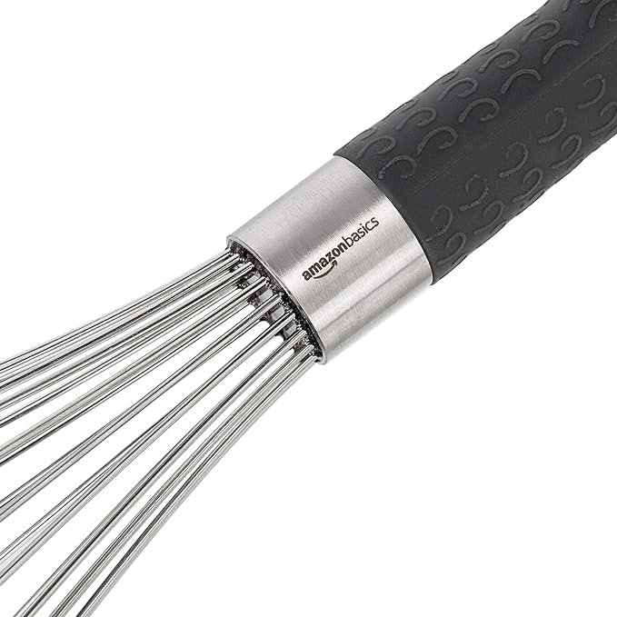 Amazon Basics Stainless Steel Wire Whisk Set for Cooking, Different Sizes, Easy to Hold Ergonomic Handle, 3 Piece, Black/Silver
