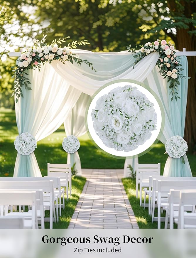 BLOSMON White Flower Balls for Centerpieces: 2 Pcs Rose Babys Breath Artificial Flowers Centerpiece for Home Table Decor - Faux Silk Kissing Floral Arrangements for Wedding Party Event Decoration