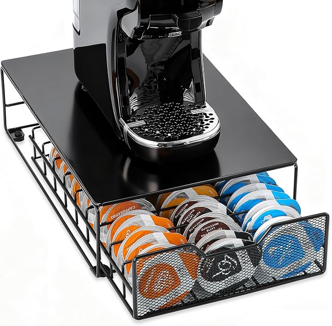 ROWISE Coffee Pods Holder for Tassimo Capsules, Coffee Storage Drawer Organizer Compatible with 54 Small or 27 Big Tassimo Pods, Matte Black Metal Design, Space-Saving, Easy Access and Organisation