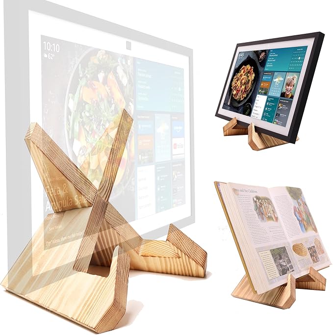 Solid Wood Tablet Computer Stands Compatible for echoshow 15, Echo Show 21,Support Both Horizontal and Vertical Modes.Cookbook Stand for Kitchen,Rustic Cook Book Holder Stand.(Light Brown)