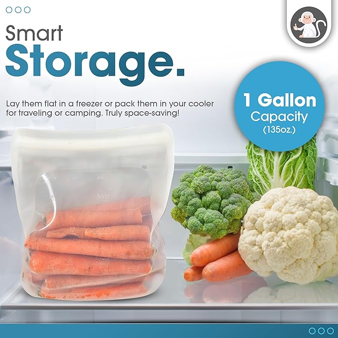 Albino Monkey Reusable Silicone Food Storage Bag XXL 1 Gallon (135 oz) - Leakproof Airtight Stand-Up Freezer Bag for Meal Prep, Sous Vide, BPA-Free, Dishwasher Safe (Clear, 1-Pack)