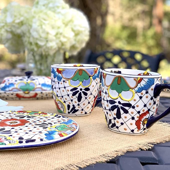 Global Crafts Mexican Pottery Mugs - Handmade Ceramic Mug - Hand-Painted Dots & Flowers Design