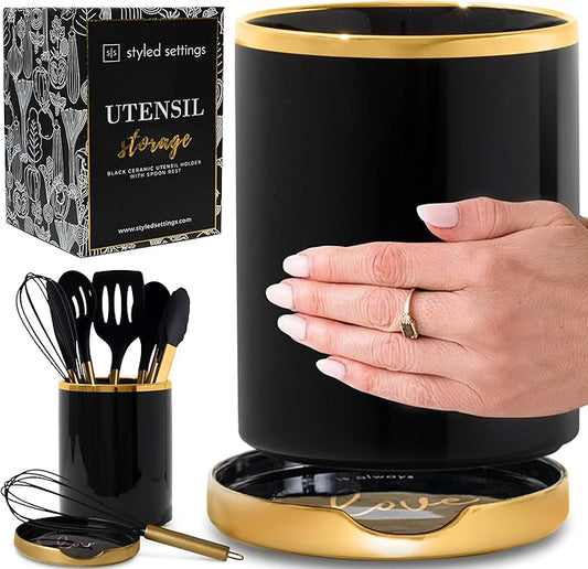 STYLED SETTINGS Black and Gold Utensil Holder with Built-in Spoon Rest - 2 PC Large Ceramic Utensil Holder Includes Black & Gold Spoon Rest - Luxury Kitchen Accessories - Utensils Not Included