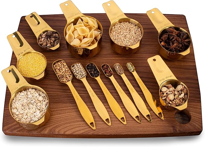 13‑Piece Stainless Steel Measuring Cups and Spoons Se18/8 Professional Grade, Engraved US & Metric Measurements for Dry and Wet Ingredients, Durable Kitchen Set for Baking and Cooking, Gold