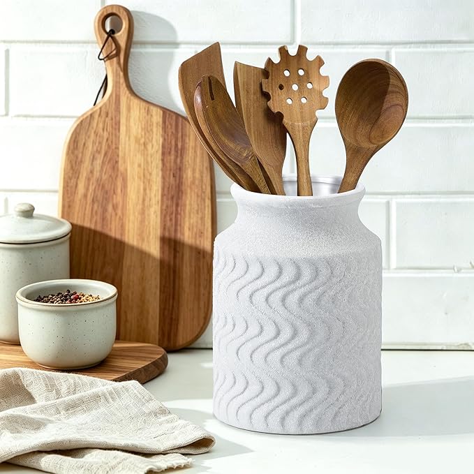 Farmhouse Ceramic Farmhouse Kitchen Utensil Holder for Countertop, Rustic Cooking Utensil Holder Crock Fit for Kitchen Counter
