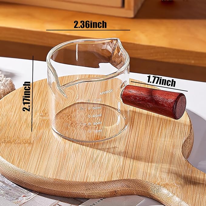2 Pack Espresso Shot Glass With Wooden Handle, Accessories with Double Spouts Espresso Machine Accessories Coffee Bar Essentials Precise 75 Ml Coffee Measuring Cup