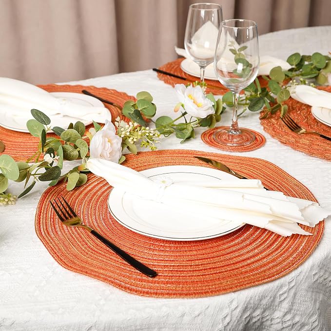 15'' Round Woven Placemats Set of 6, Natural Heat Resistant Washable Non-Slip Woven Table Mats -Orange