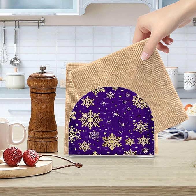 Winter Violet Purple Gold Snowflakes Christmas Napkin Holder for Tables Paper Cocktail Napkin Holders for Kitchen Dinning, Acrylic Dinner Napkin Dispenser for Restaurant Home Decor Bar Accessories