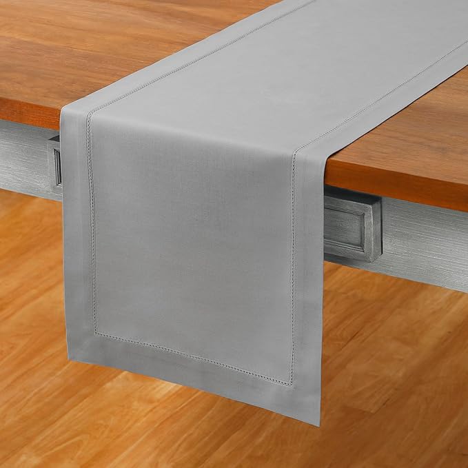 Solino Home Cotton Linen Light Grey Table Runner 132 Inches Long - Hemstitch 14 x 132 Inch Table Runner for Spring, Summer