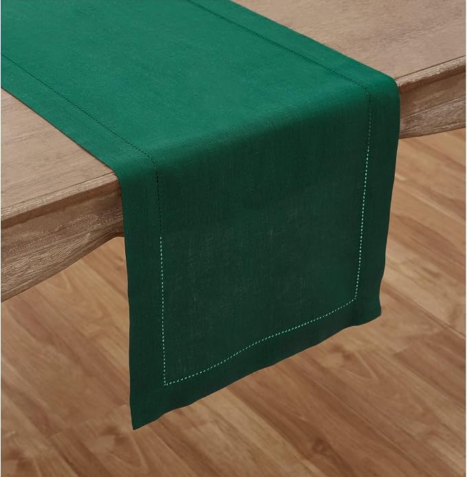 Solino Home Linen Rainforest Green Table Runner 90 Inches Long - 100% Pure Linen Hemstitch 14 x 90 Inch Table Runner for Dining - Classic Hemstitch