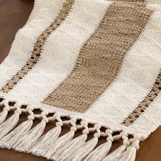 Boho Woven Cotton Linen Table Runner Brown & Ivory 11"x36" with Tassels Rustic Macrame Farmhouse Table Runner for Summer Dining Room Wedding Kitchen Party