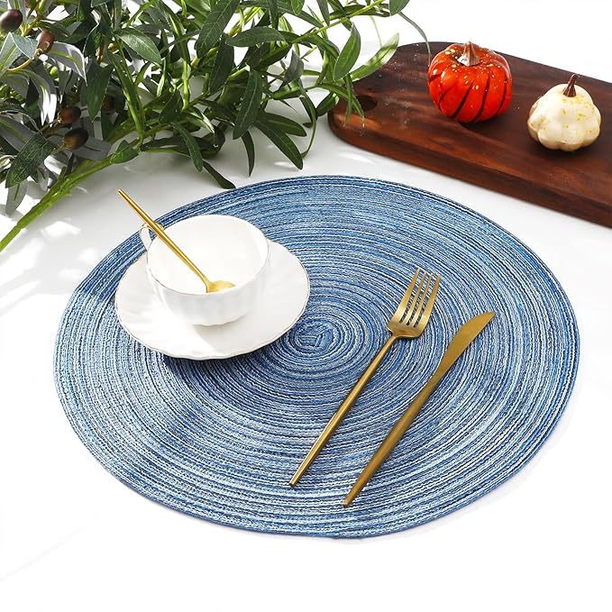 SHACOS Round Braided Placemats Set of 12 Circle Place Mats Cotton Polyester Kitchen Table Mats for Dining Table Wedding Party Decor (Blue Gray, 12)