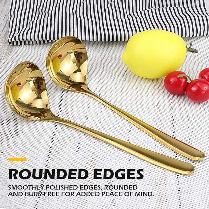 DOERDO 2Pack Stainless Steel Soup Spoons Small Ladle for Sauce Kitchen Table Serving Spoons, Gold, 7.5x2.3 Inch