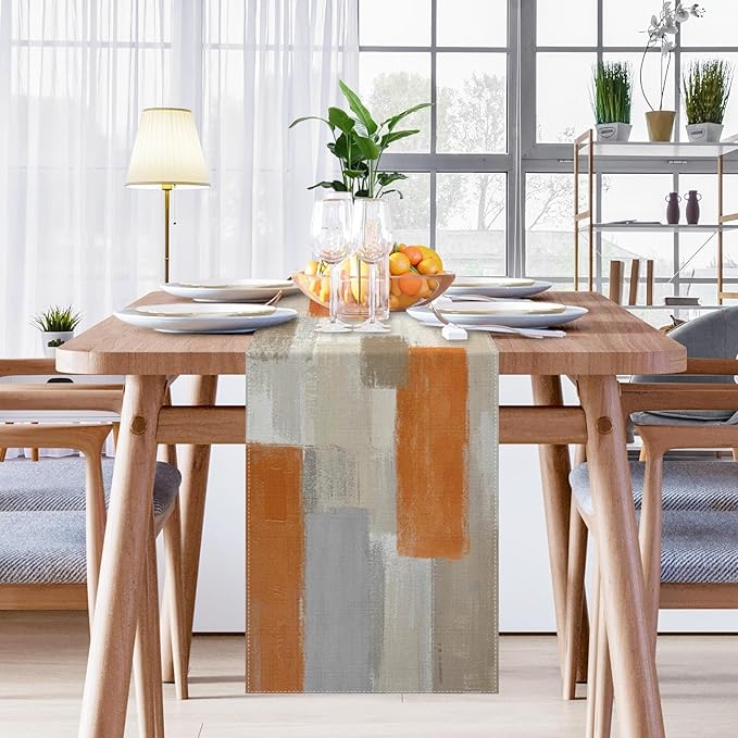 Emvency Farmhouse Table Runner, Modern Orange and White Abstract Art Painting for Kitchen Coffee Table Family Dinners Holiday Parties Wedding Events Decor(13x72 inch)