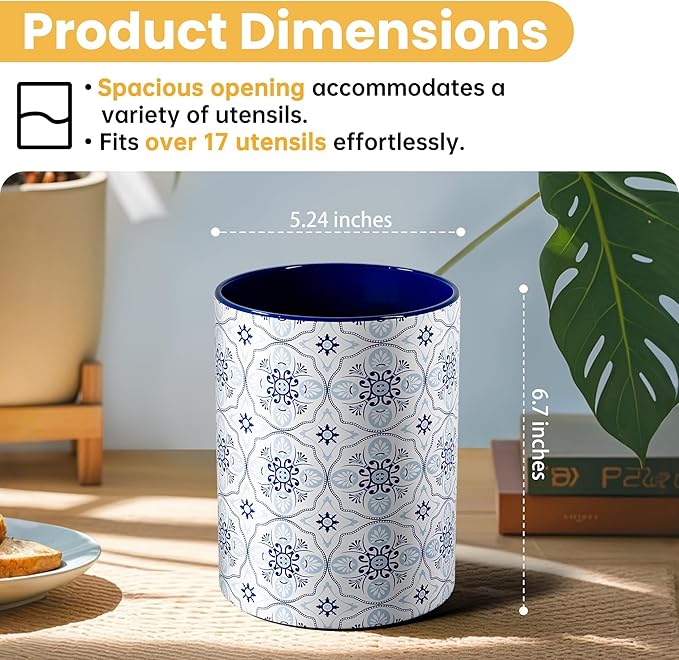 Ceramic Kitchen Utensil Holder for Countertop, Embossed Pattern Crock with Kiln-Fired Finish, Counter Organizer for Cooking Tools , ,Navy Blue