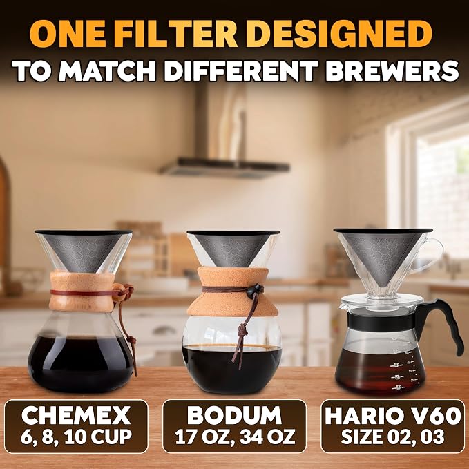 Pour Over Coffee Filter Reusable Stainless Steel - 800 Mesh Black Cone with Black Ring for Clean, Sediment-Free Brew, Compatible with Hario V60 & Chemex, Paperless Coffee Dripper with Cleaning Brush