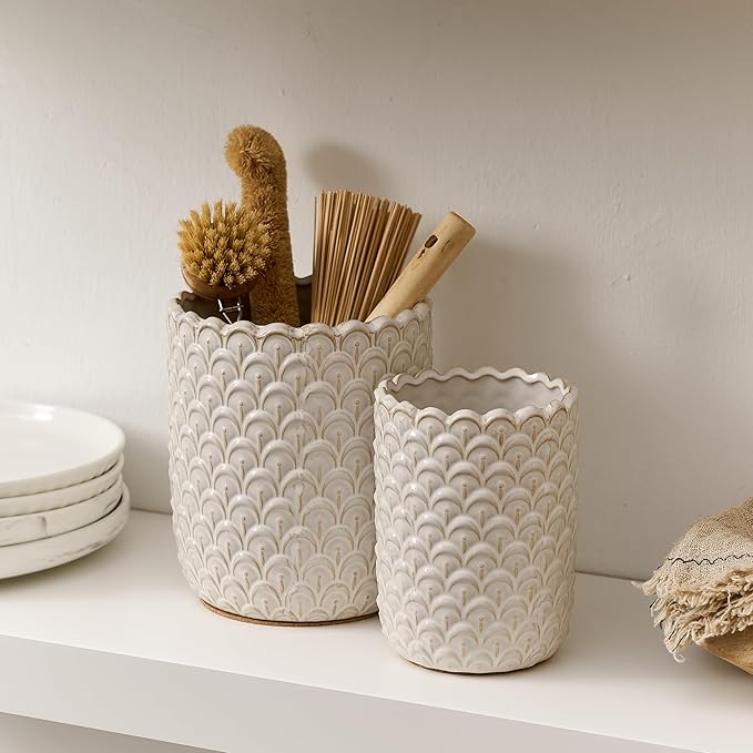 JIEMEI HOME Kitchen Utensil Holder, Large 7.5"+6.2" Petal Ceramic Utensil Crock for Countertop, Utensil Holder with Cork Mat, Morden Utensil Organizer for Spatula, Kitchen Decor, Set of 2, Aged Ivory