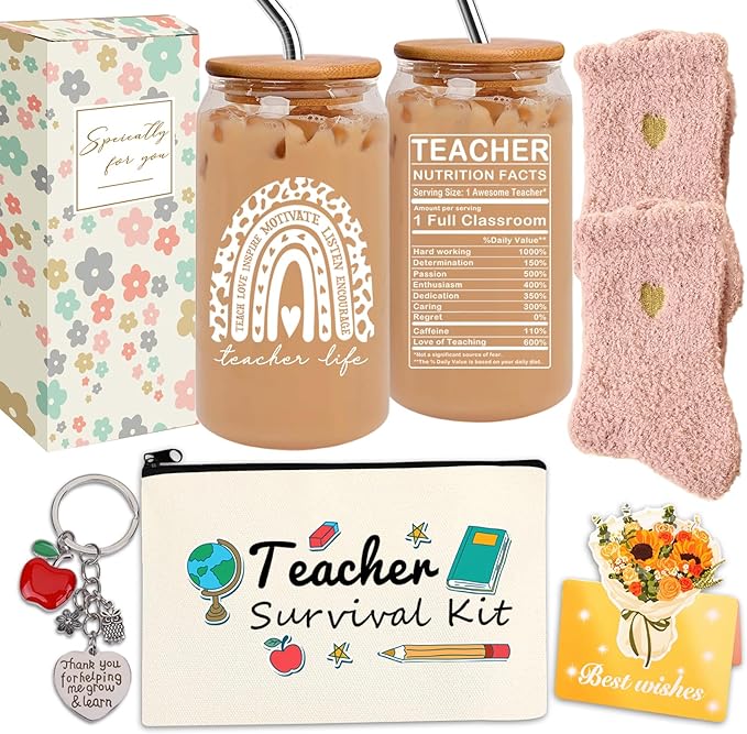 8 PCS Teacher Appreciation Gift Set, Teacher Survival Kit with Glass Cup, Bamboo Lid, Fuzzy Socks & Pouch Bag, Thank You Gift for Women (Best Teacher Ever-g05)