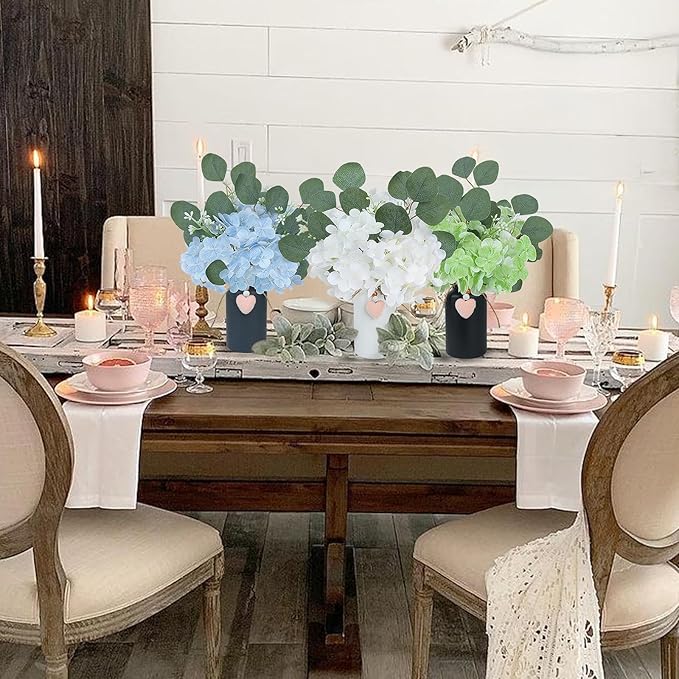 Artificial Hydrangea Flowers in Mason Jar Vase, Set of 3 Faux Hydrangea and Eucalyptus Arrangements, Pre-Arranged Farmhouse Table Centerpieces for Kitchen, Dining Room, Office Decor