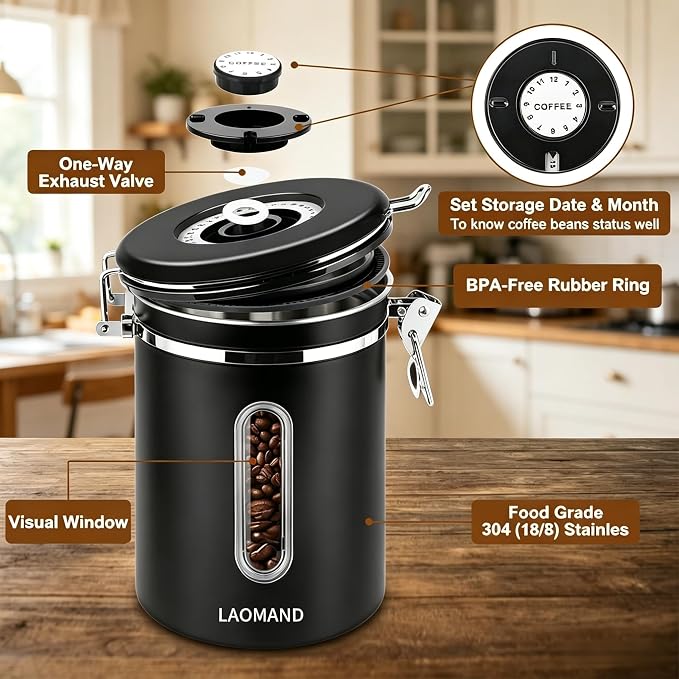 Coffee Canister with Window, 22OZ Airtight Stainless Steel Food Storage Container, Home Kitchen Sugar Organizers Jar with Scoop for Beans, Rice,Tea, Flour, Cereal, Black