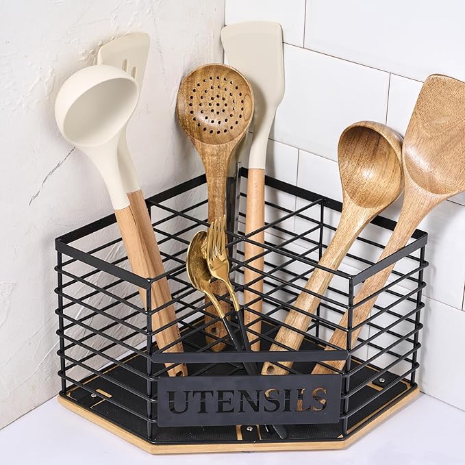 Large Kitchen Utensil Holder with 4 Compartments,Corner Utensil Caddy for Countertop With Waterproof and non-slip silicone mat.