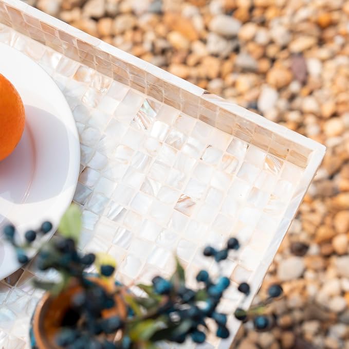 PEMAR Rectangular Mother of Pearl Serving Tray Nacre Wood Lap Ottoman Tray for Coffee Table, Luxury Decorative Handmade Eating Platters w Insert Handles (White Cream)