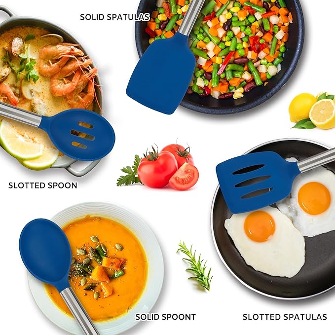 Kitchen Utensils Silicone Cooking Utensils Set for Nonstick Cookware Silicone Cooking Kitchen Utensils Set Perfect for Baking and Mixing Spatula Set BPA Free Dishwasher Safe Blue 4 Pack