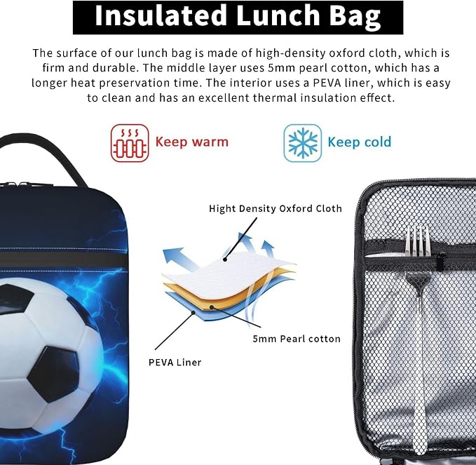 Football ﻿ Lunch Box Insulated Lunch Bag for Adult Women Men Reusable Aesthetic Tote Lunchbox Container Work Outdoor Picnic Hiking