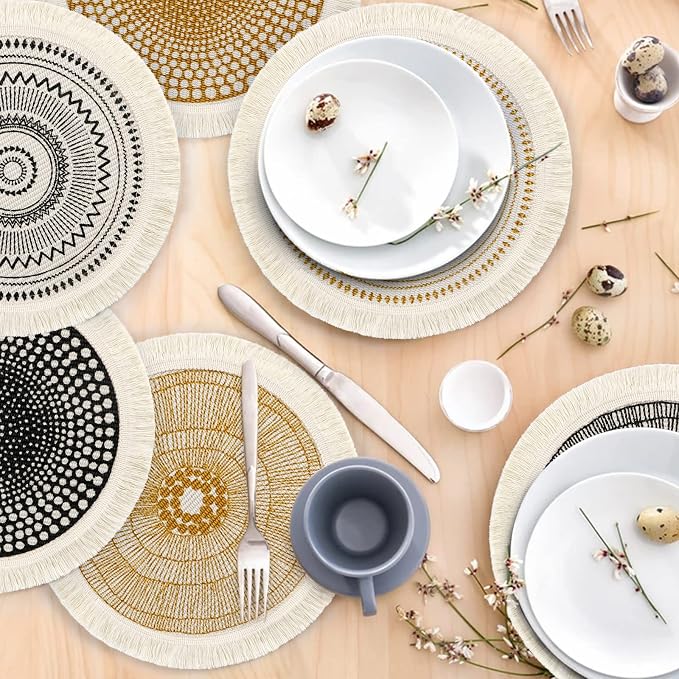 LOMOHOO Set of 6 Round Placemats 13 Inch Fall Table Mats Boho Cotton Woven Mandala Tassels Heat Proof Washable Circle Place Mat for Kitchen Dining Wedding Farmhouse Home Decoration