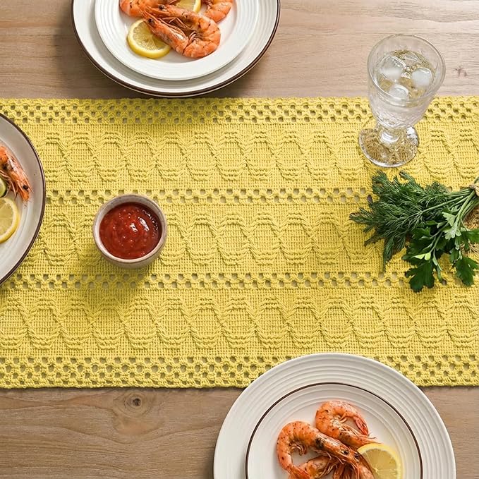 Artoid Mode Yellow Farmhouse Woven Rustic Hollow Table Runner, Seasonal Holiday Hollow Kitchen Dining Table Decoration for Home Party Decor 12x120 Inch