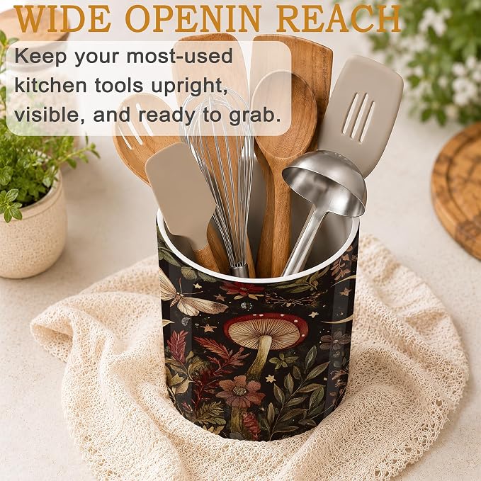 Red Mushroom Utensil Holder for Countertop,Moth Moon Magic Forest Ceramic Utensil Crock Organizer for Home Kitchen Spoons,Spatulas and Cooking Tools