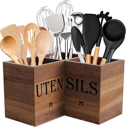 Suli Extra Large Kitchen Utensils Holder with 3 Compartments,Corner Utensil Caddy for Countertop,Acacia Wood Utensil Organizer for Kitchen Countertop, Farmhouse Decor-Acacia Brown