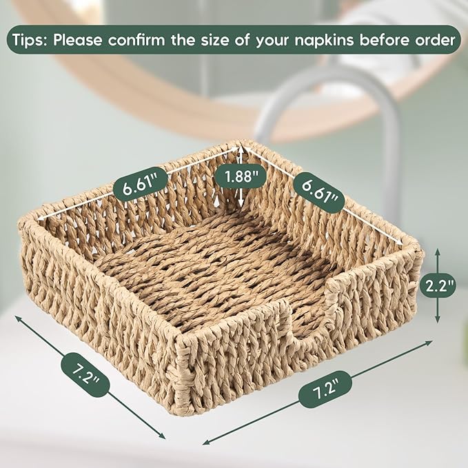 Napkin Holder for Table, Woven Paper Rope Napkin Holders For Paper Napkins, Wicker Napkin Holders for Kitchen Dinner Table Boho Decor and Accessories, Square Napkin Basket and Serving Tray