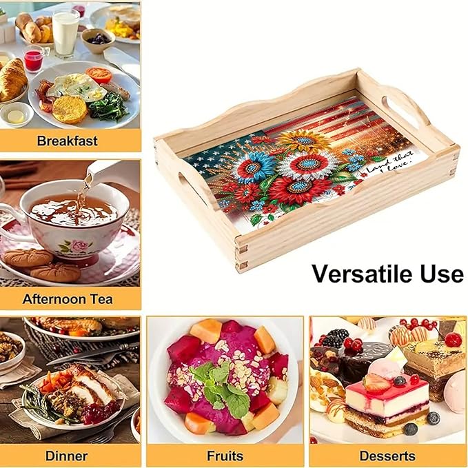 DIY Diamond Art Painting Serving Tray Creative Design Handmade Wooden Rectangular Snack Tray Dinner Plate Drill Craft for Coffee Living Room Home Organizer-USA Sunflower