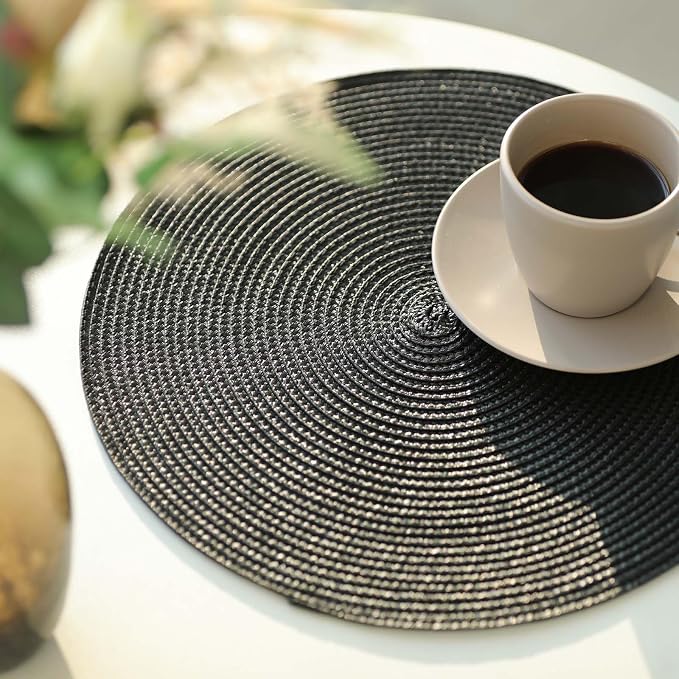 FunWheat Round Braided Placemats Set of 6 Place Mats for Dining Tables Woven Washable Non-Slip Table mats Small 13 inch(S Black, 6pcs)