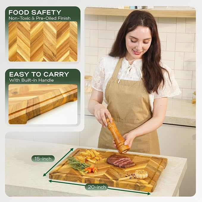 Howizz Solid Acacia Wood 20"x15" Large Cutting Board, Herringbone Chevron Cutting Board Large Grazing Board Charcuterie Serving Board, Non Toxic Natural Solid Wood Thick Wooden Chopping Boards