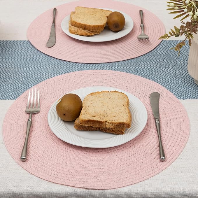 Winknowl 15 Inch Round Braided Placemats Set of 4, Washable Cotton Polyester Table Mats, Heat Resistant Non-Slip Place Mats for Kitchen Dining Table Decor (Pink,4pcs)