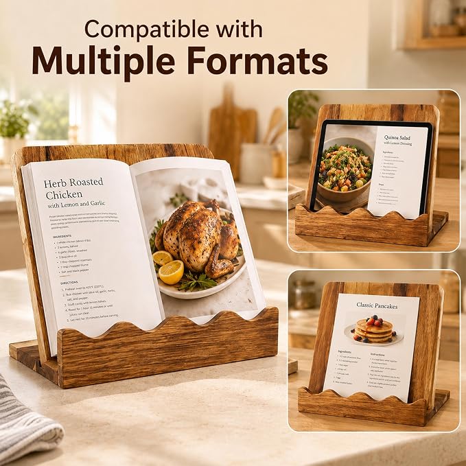 Wooden Cookbook Stand, 2 in 1 Scalloped Recipe Book Holder Cutting Board Keeps Cookbook or Tablets Open for Kitchen Counter