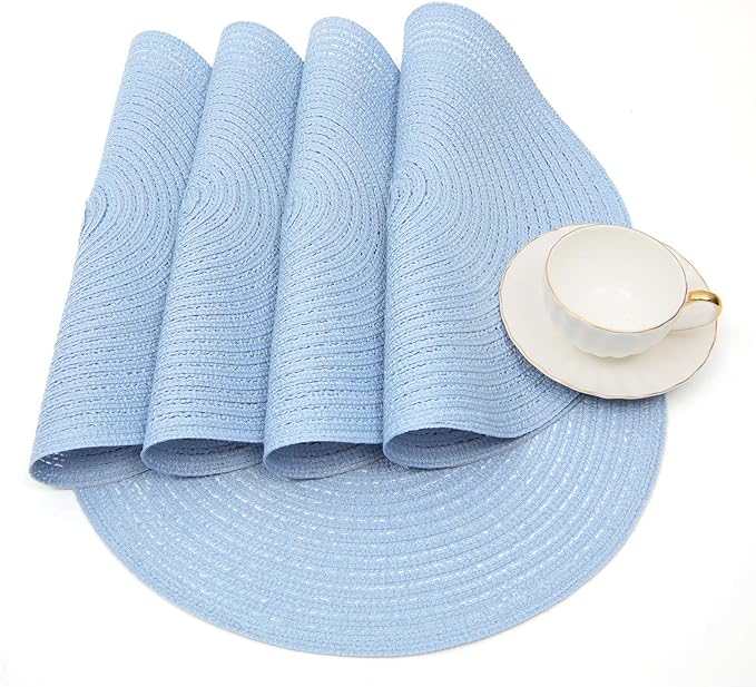 SHACOS Round Braided Placemats Set of 8 Washable 15 inch Round Non Slip Table Place Mats for Dining Tables Wedding Party Decor (Light Blue, 8)