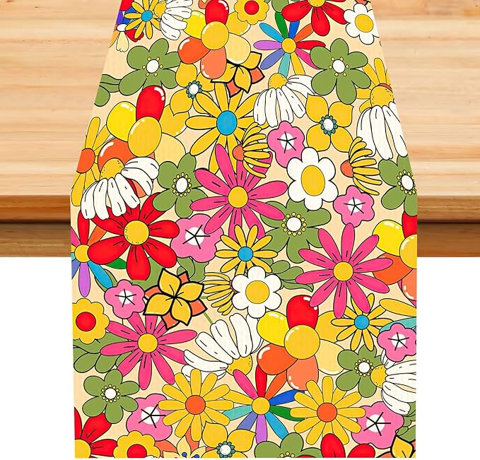 Retro 70s Floral Table Runner,Vintage Hippie Summer Groovy Daisy Flower Dinner Runner for Home Kitchen Dining Table Party Holiday Decor 13x108 in