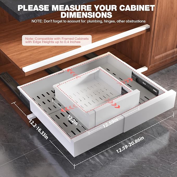Seinloes Pull Out Cabinet Organizer,4-Side Expandable to Maximize Cabinet Space,Slide Out Drawers with 3 Rail Design,Roll Out Shelf with Raising Pad for Framed Cabinet,13"-21"W x 13"-17"D,White,2 Pack