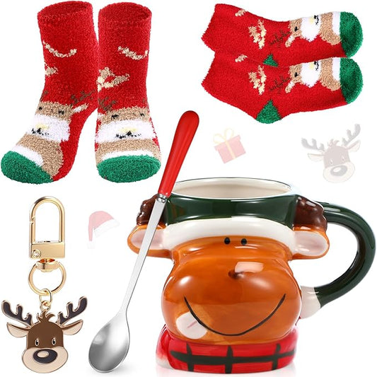 Sliner 4 Pcs Christmas Reindeer Mug Gift Set 17 oz Ceramic Reindeer Coffee Mugs with Red Spoons Cute Funny Christmas Fuzzy Socks Mini Keychains for Women Men Adults Coworker Birthday Xmas Present