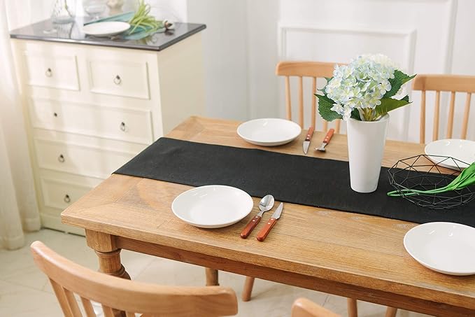 2 Piece Fabric in 1 Dinning Table Runner 12 x 72 Inches Farmhouse Kitchen Coffee Burlap Table Runner for Holiday Party, Black