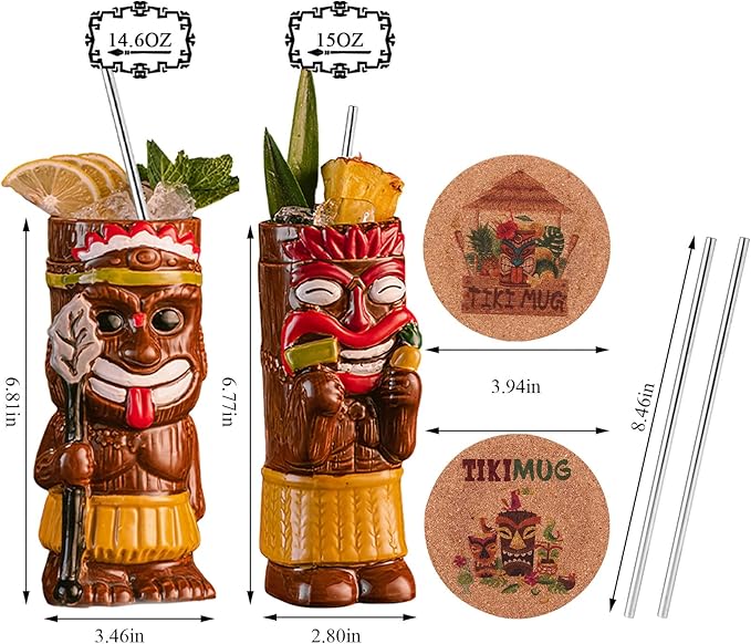Gift-Set Tiki Mugs for Cocktail Set of 2 - Ceramic Tiki Cups,Tiki Glasses Cute Exotic Cocktail Glasses, For Hawaiian Party And Tiki Bar
